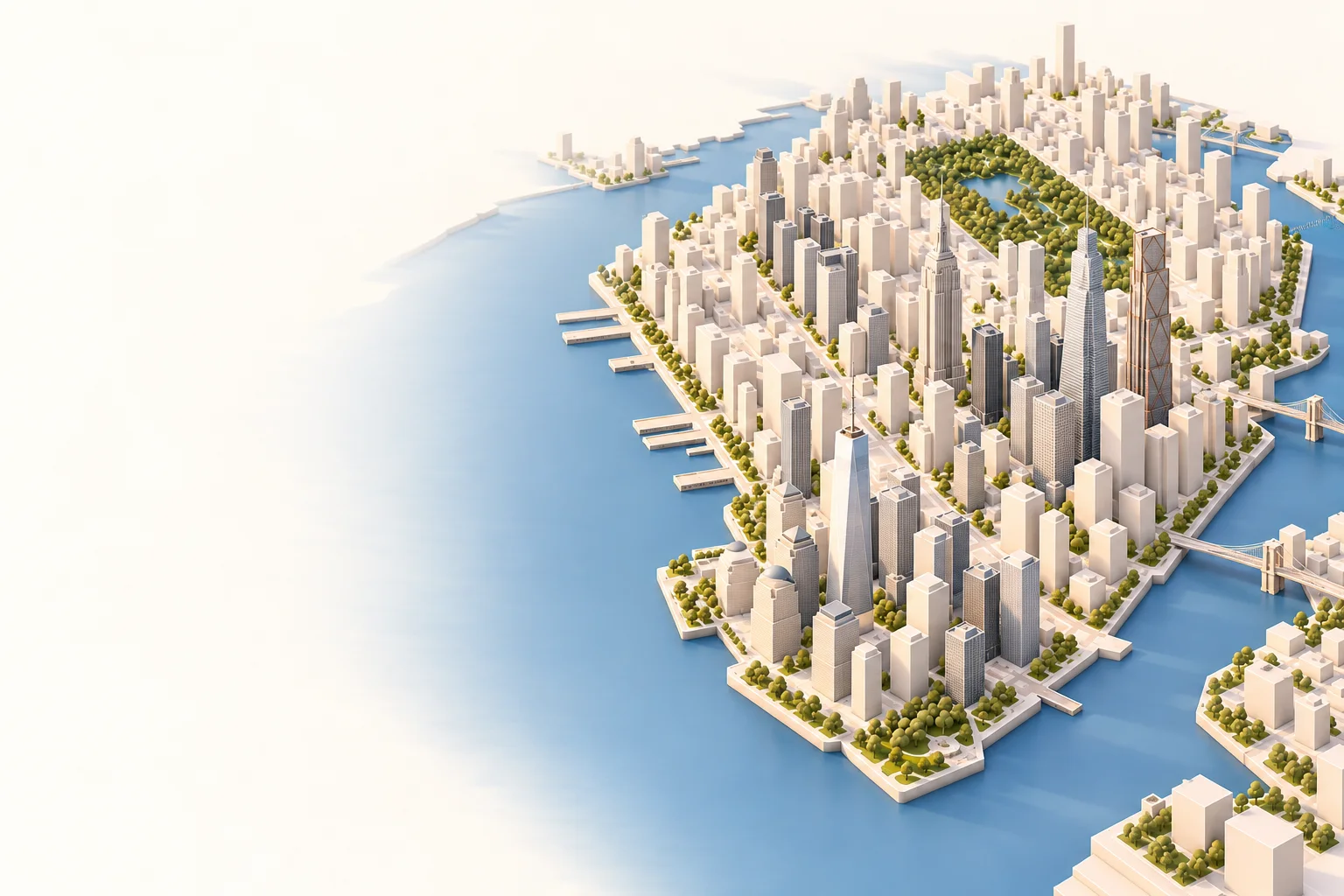 An architectural illustration of Manhattan, its skyline and rivers.